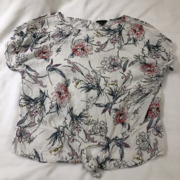 Buffalo David Bitton Size Medium Floral Tie Front Blouse Top Crochet Trim - Picture 1 of 9